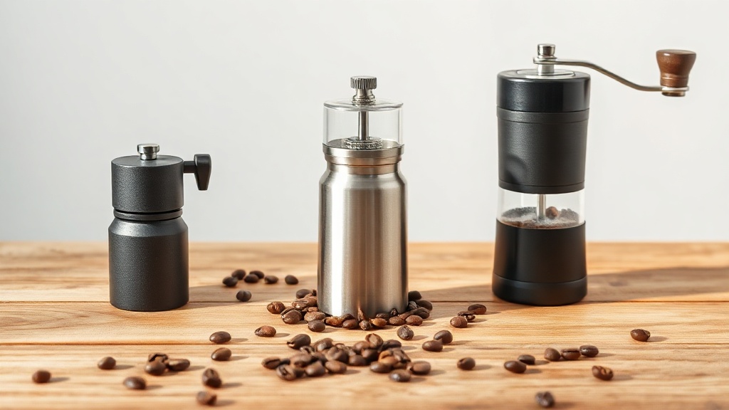 Drie handkoffiemolens naast elkaar op een houten tafel met koffiebonen